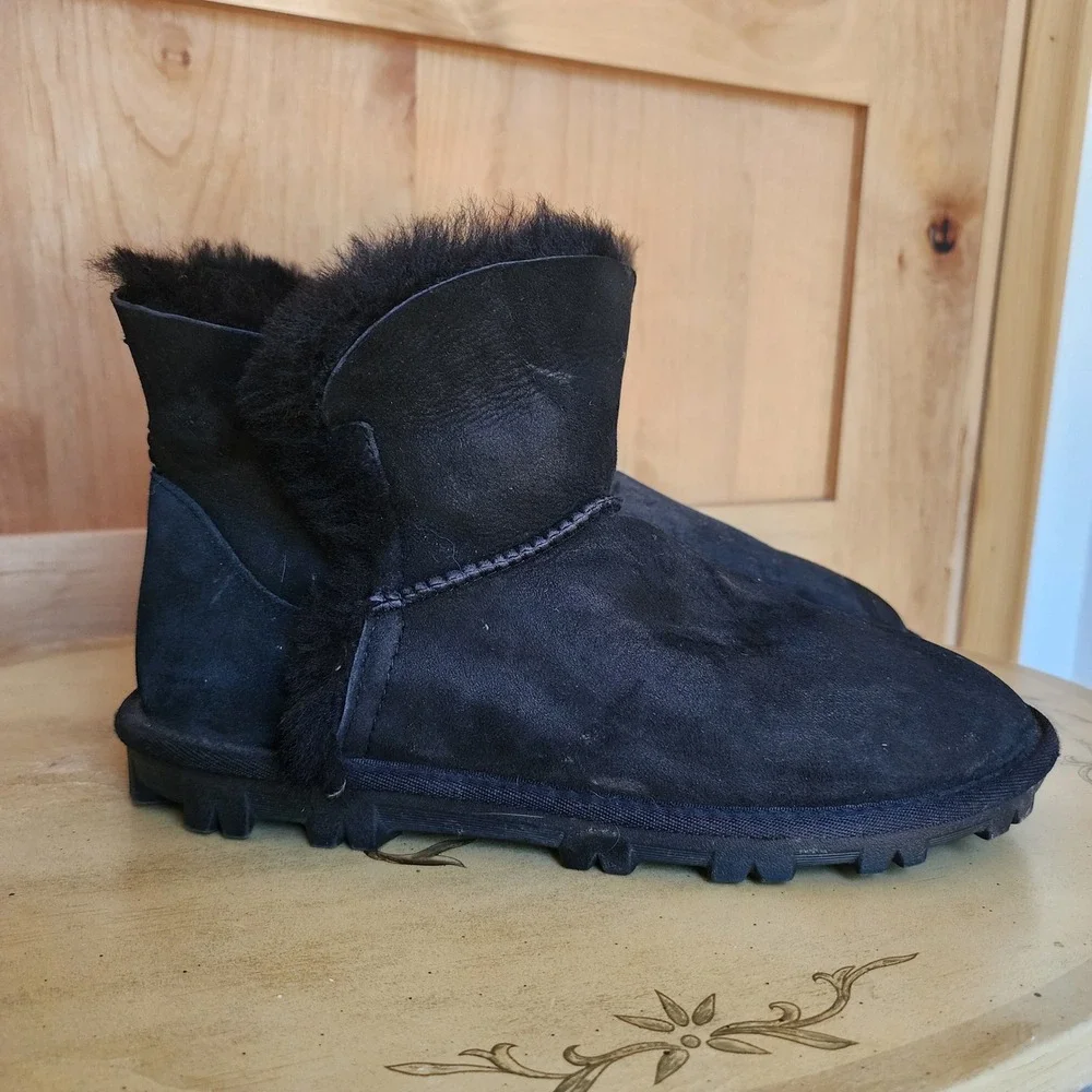 Unbranded Y2K US 9 Black‎ Leather Shearling Wool Lining Ankle Boots Cozy Warm